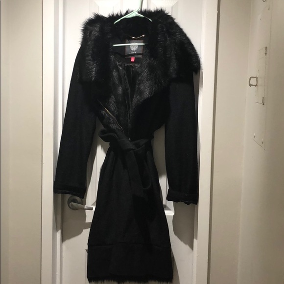 Vincent Camuto Faux Fur Trim Belted Wrap Coat - Picture 2 of 3